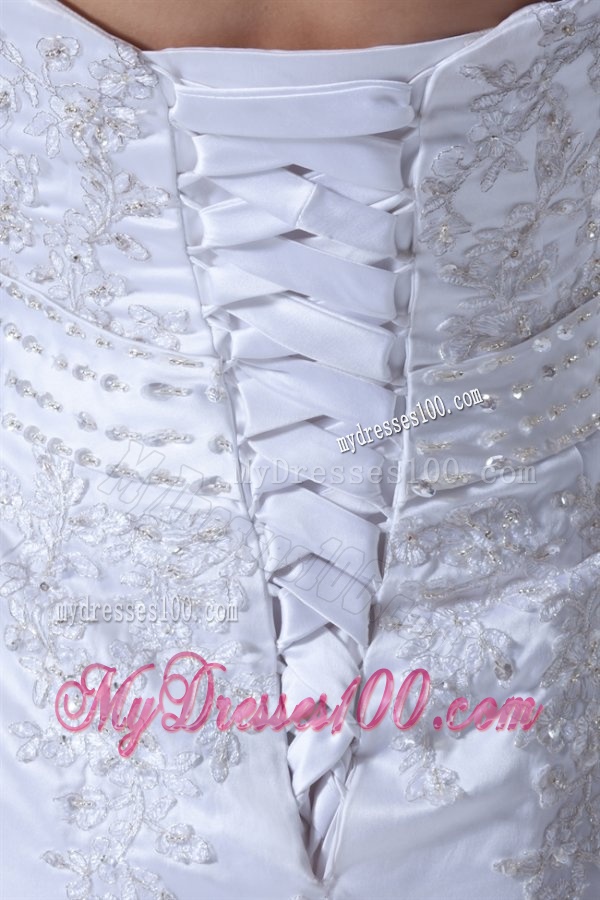 Column Strapless Appliques Court Train Organza Wedding Dress