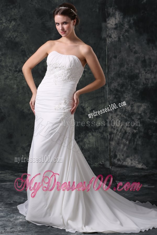 Column Strapless Beading Chiffon Court Train Lace Up Wedding Dress