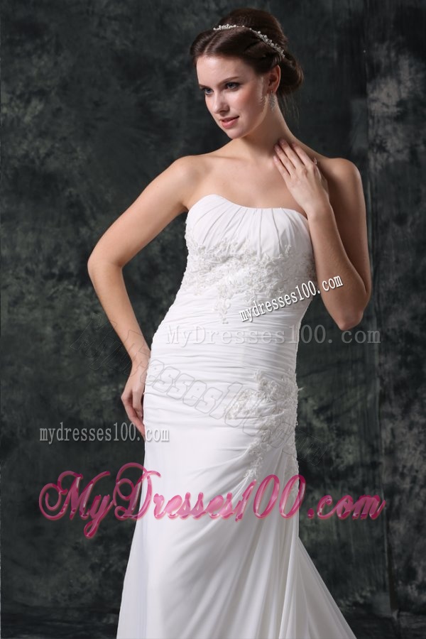 Column Strapless Beading Chiffon Court Train Lace Up Wedding Dress