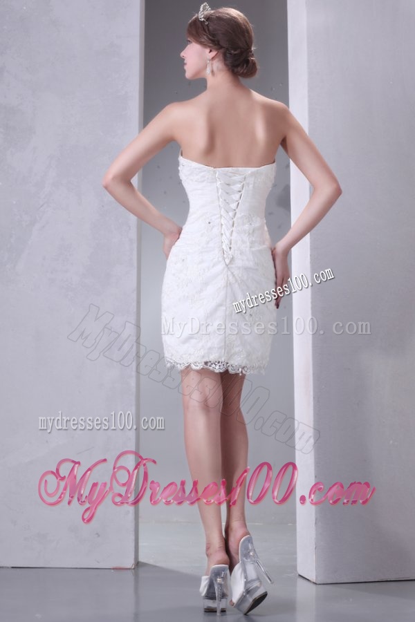 Column Strapless Mini-length Lace Wedding Dress with Lace Up