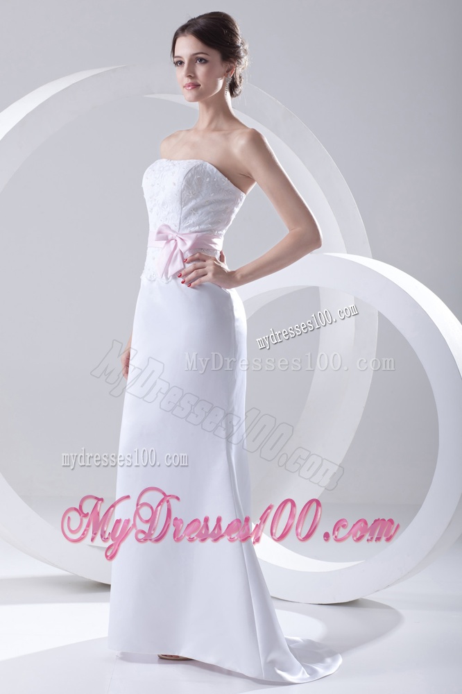 Column Strapless Sashes and Appliques Wedding Dress with Brush Train