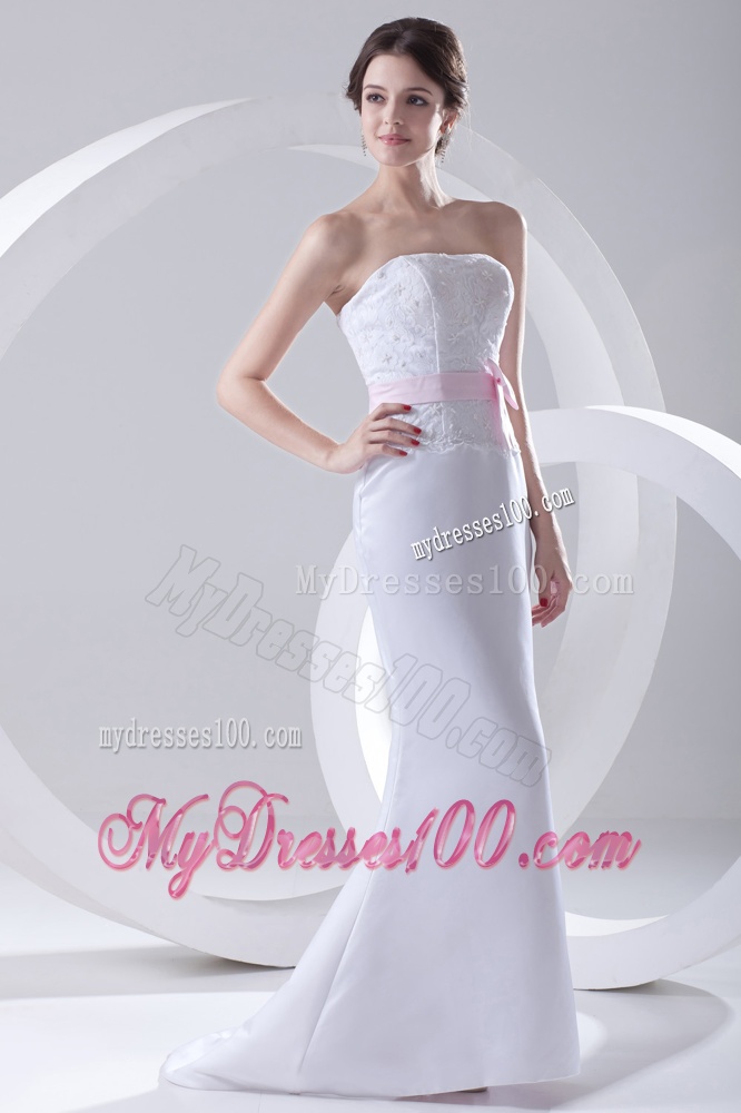 Column Strapless Sashes and Appliques Wedding Dress with Brush Train