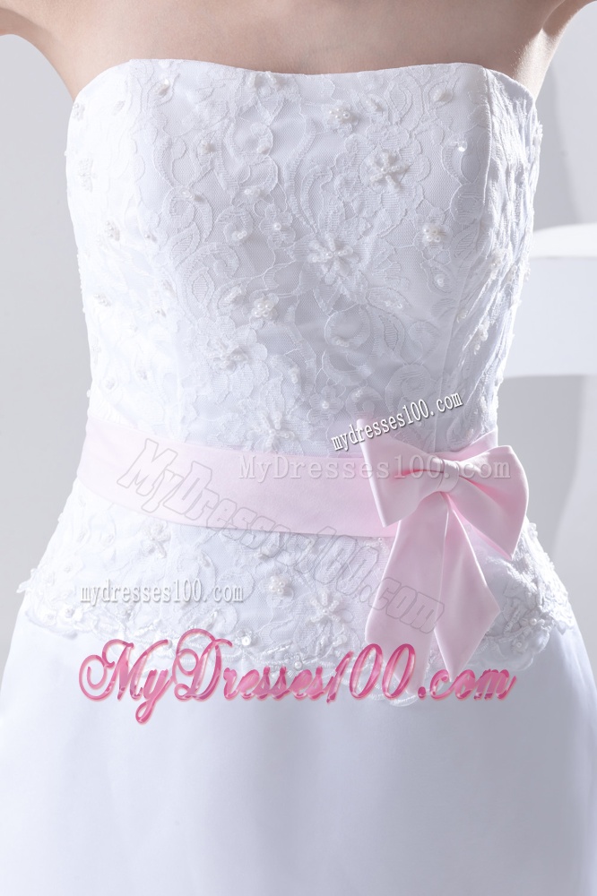 Column Strapless Sashes and Appliques Wedding Dress with Brush Train