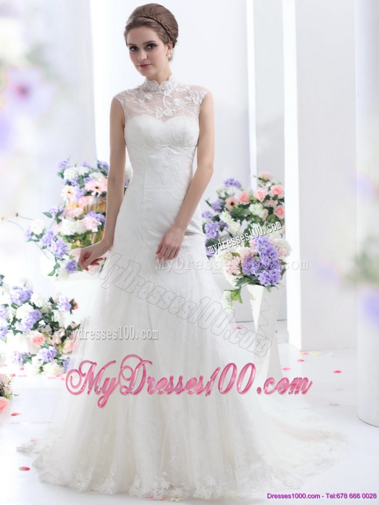 Cute White Laced Wedding Dresses with Brush Train