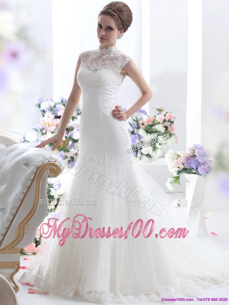 Cute White Laced Wedding Dresses with Brush Train