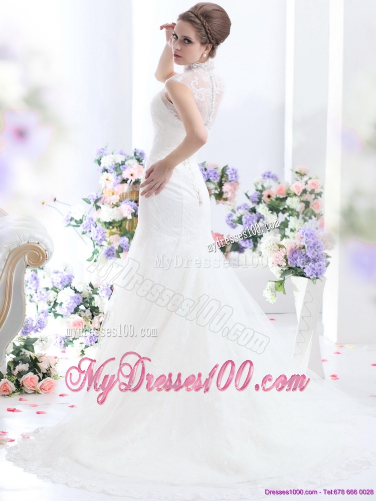 Cute White Laced Wedding Dresses with Brush Train