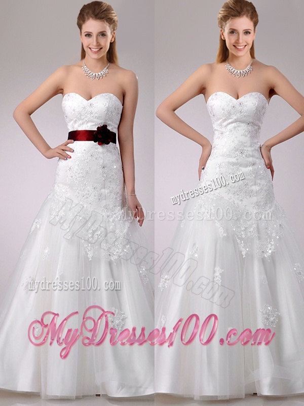 Decent A Line Brush Train Beaded and Applique Wedding Dress with Sash