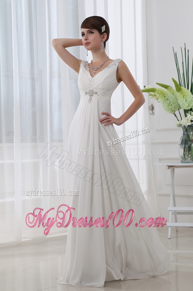 Discount Empire V-neck Floor-length Chiffon White Wedding Dress with Beading