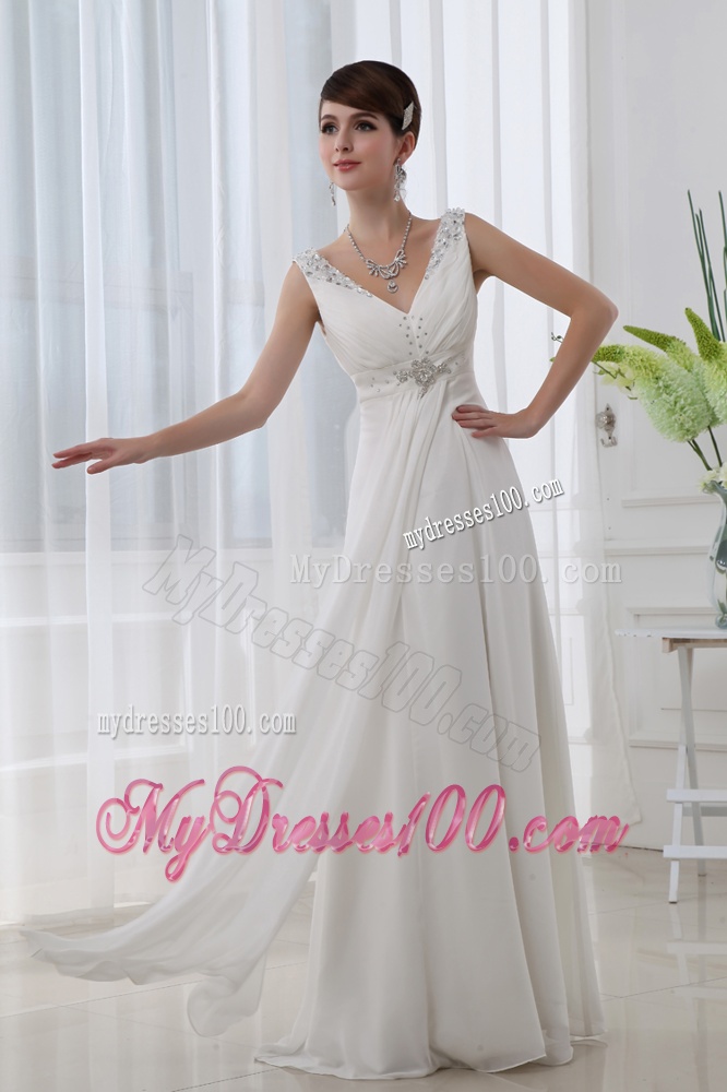Discount Empire V-neck Floor-length Chiffon White Wedding Dress with Beading