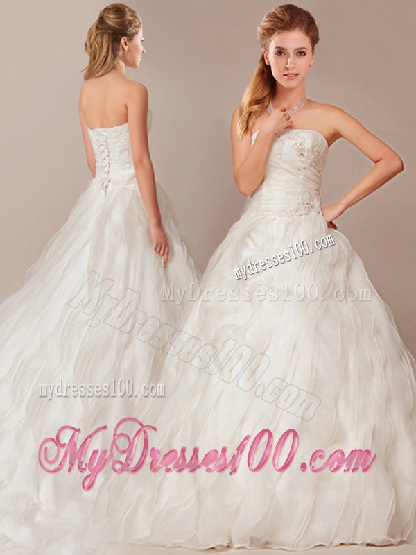 Elegant A Line Brush Train Wedding Dresses with Beading and Ruffles