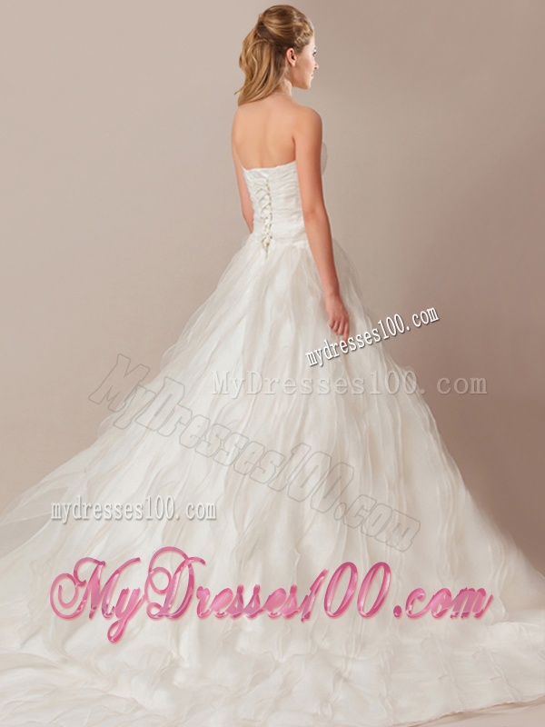 Elegant A Line Brush Train Wedding Dresses with Beading and Ruffles