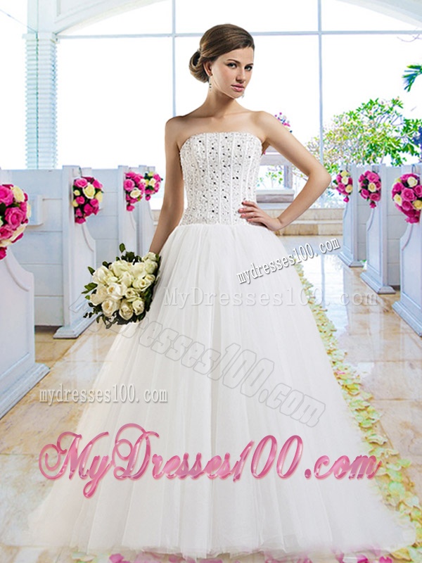 Elegant A Line Brush Train Wedding Dresses with Beading