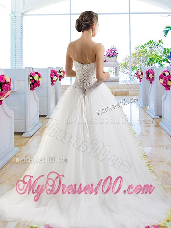 Elegant A Line Brush Train Wedding Dresses with Beading