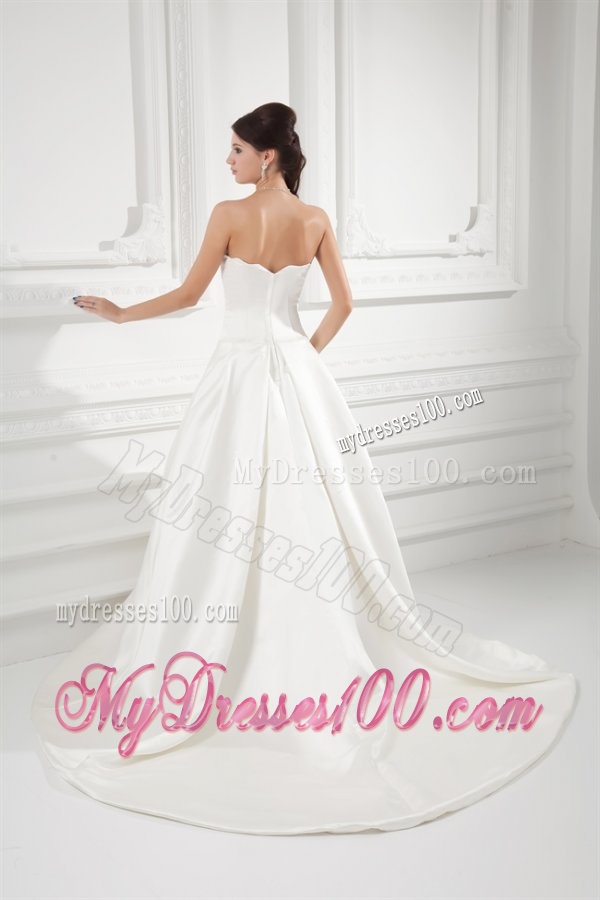 Elegant A-line Strapless Sweep Train Wedding Dress with Satin