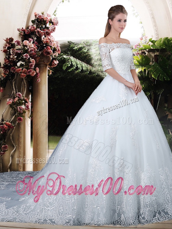 Elegant Ball Gown Off the Shoulder Lace Chapel Train Wedding Dresses with Half Sleeves