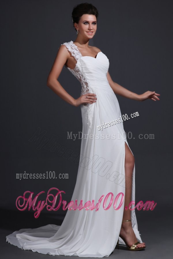 Empire Chiffon One Shoulder Appliques Wedding Dress with Train