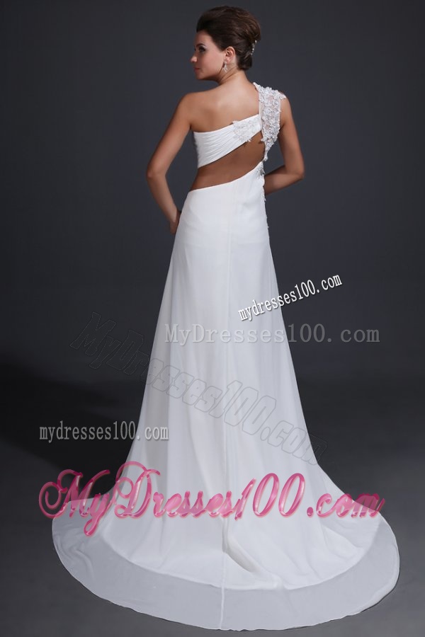 Empire Chiffon One Shoulder Appliques Wedding Dress with Train