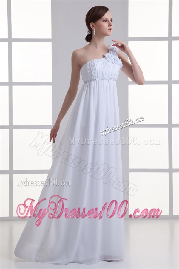 Empire One Shoulder Hand Made Flowers Ruching Chiffon Wedding Dress