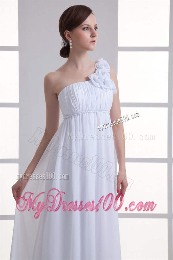 Empire One Shoulder Hand Made Flowers Ruching Chiffon Wedding Dress