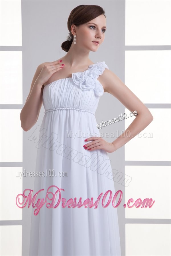 Empire One Shoulder Hand Made Flowers Ruching Chiffon Wedding Dress