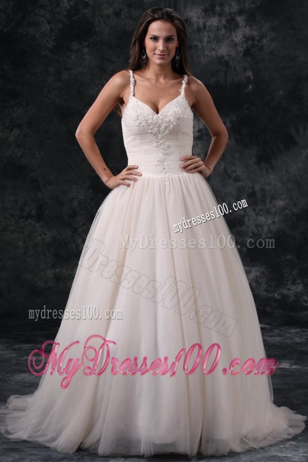 Fashionable A-Line Straps Appliques Tulle Wedding Dress in Champagne