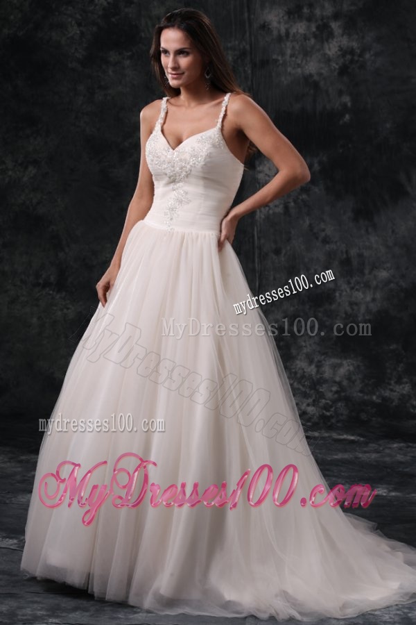 Fashionable A-Line Straps Appliques Tulle Wedding Dress in Champagne