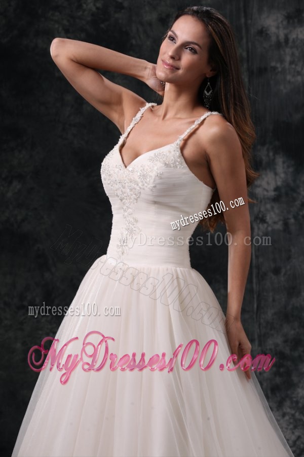 Fashionable A-Line Straps Appliques Tulle Wedding Dress in Champagne