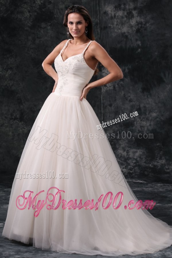 Fashionable A-Line Straps Appliques Tulle Wedding Dress in Champagne