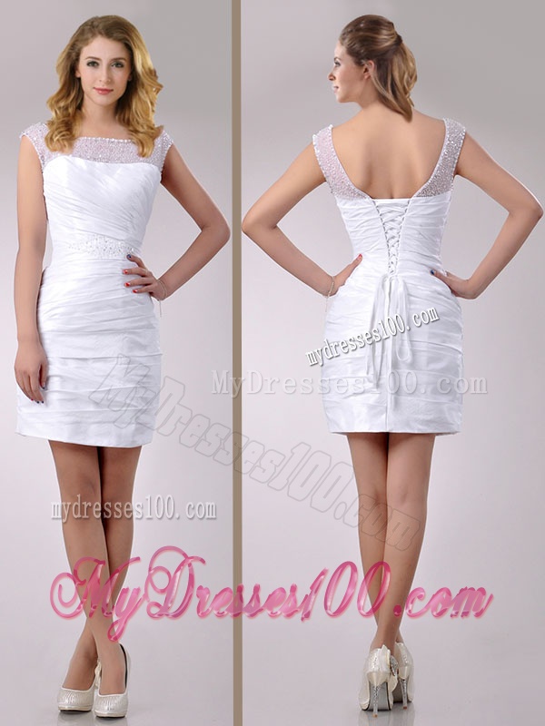Fashionable See Through Scoop Taffeta Short Wedding Dress with Beading