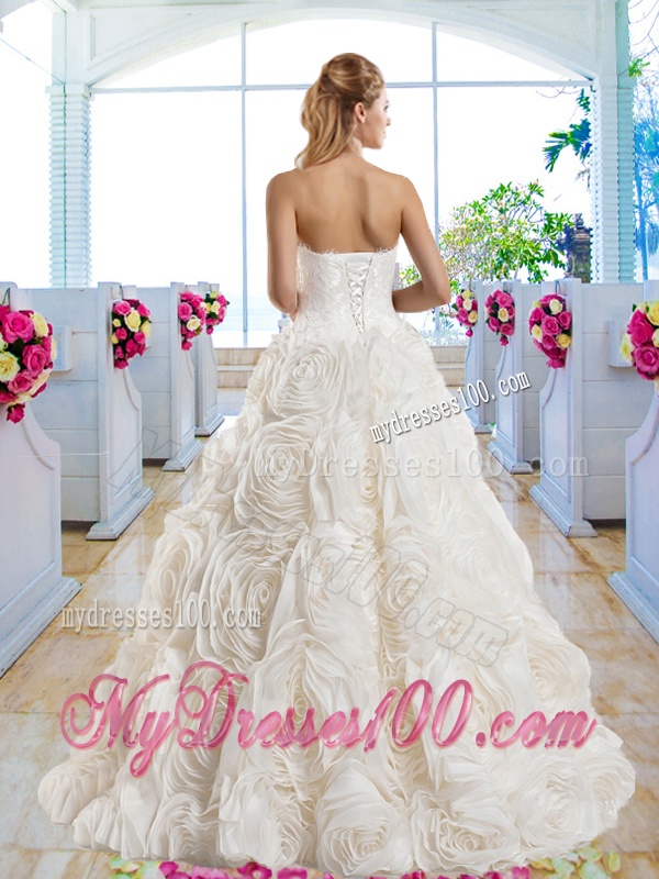 Gorgeous A Line Strapless Brush Train Bridal Dresses with Lace