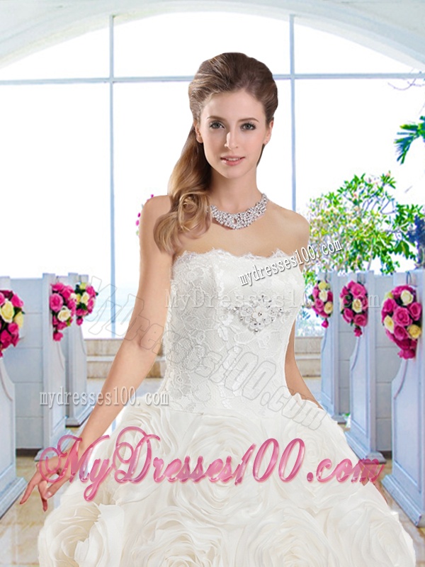 Gorgeous A Line Strapless Brush Train Bridal Dresses with Lace