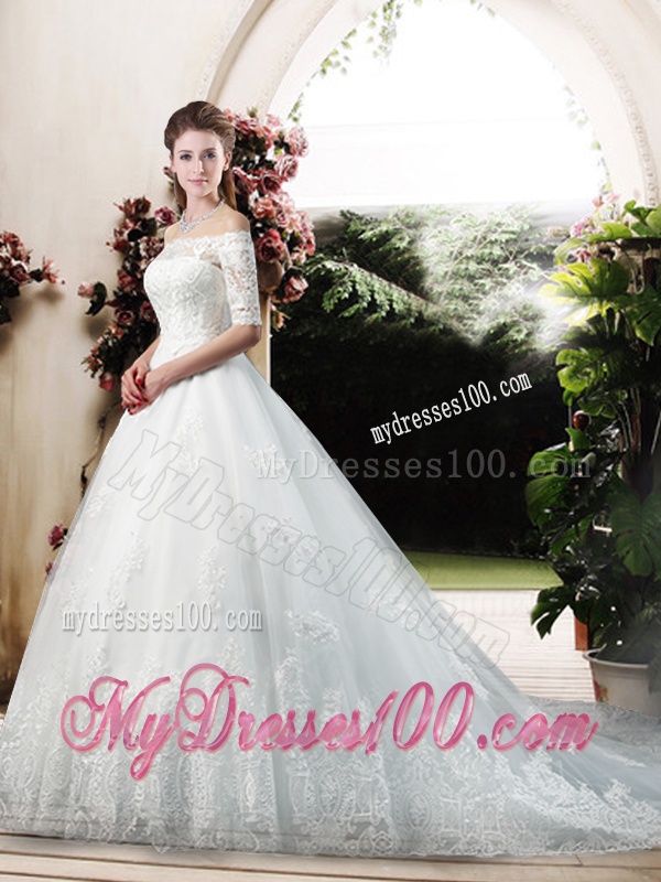 Latest A Line Off the Shoulder Half Sleeves Wedding Dresses with Appliques