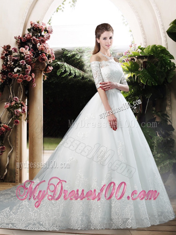 Latest A Line Off the Shoulder Half Sleeves Wedding Dresses with Appliques