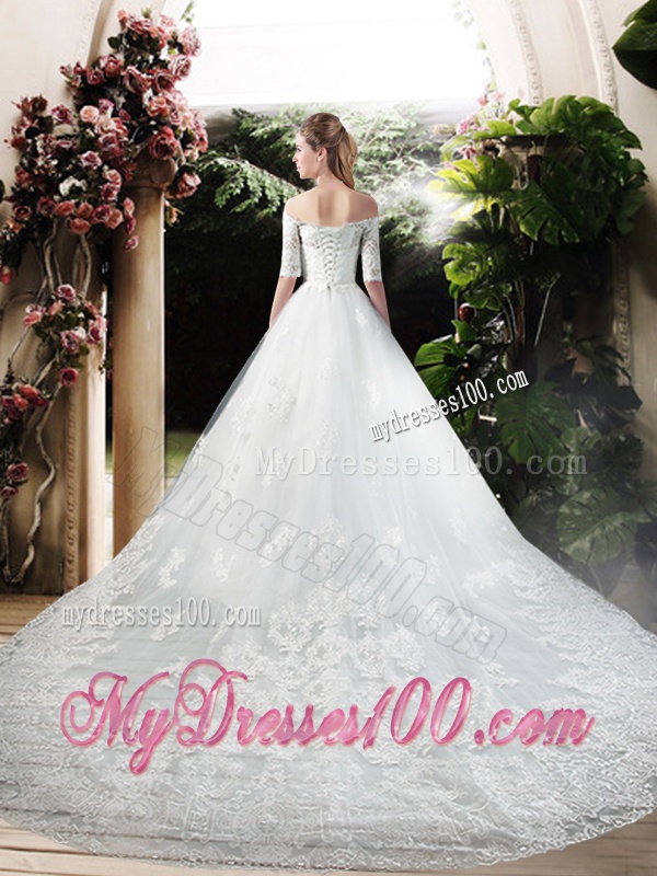 Latest A Line Off the Shoulder Half Sleeves Wedding Dresses with Appliques