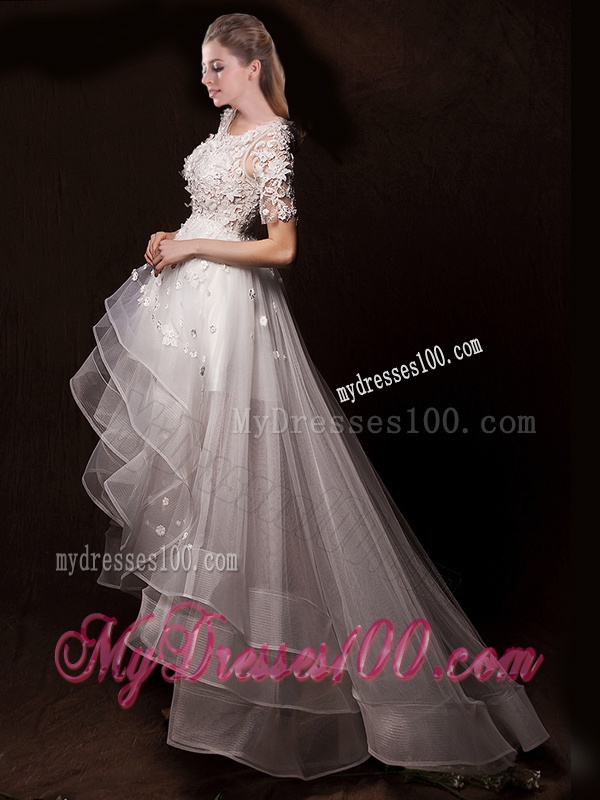 Latest Appliques High Low Wedding Dresses with Short Sleeves