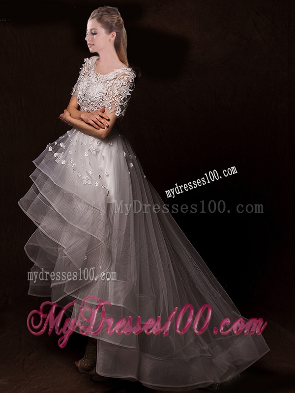Latest Appliques High Low Wedding Dresses with Short Sleeves
