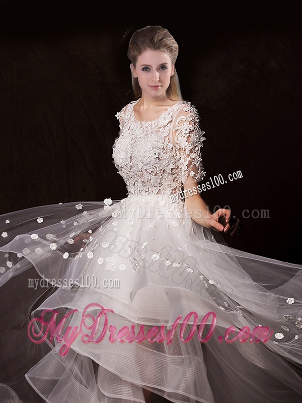 Latest Appliques High Low Wedding Dresses with Short Sleeves