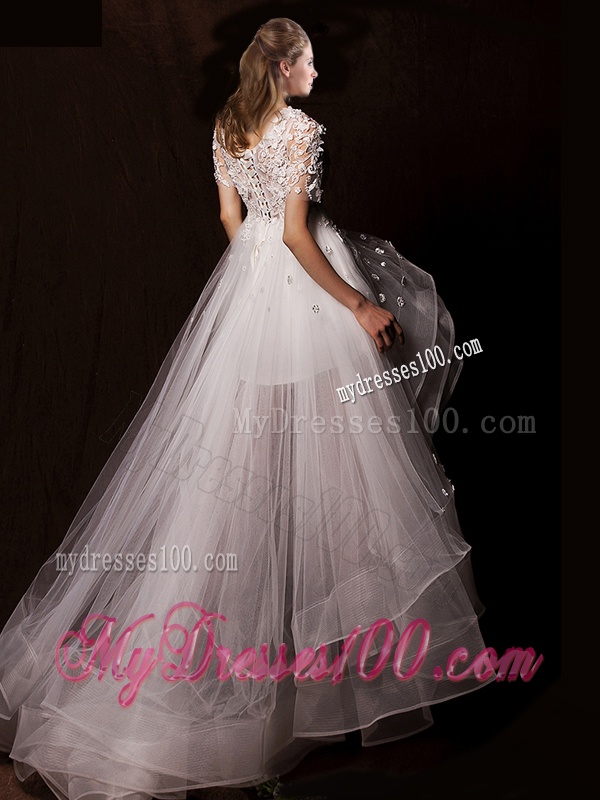 Latest Appliques High Low Wedding Dresses with Short Sleeves