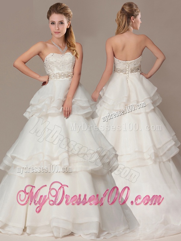 Lovely A-line Brush Train Wedding Dresses with Beading and Ruffles Layers