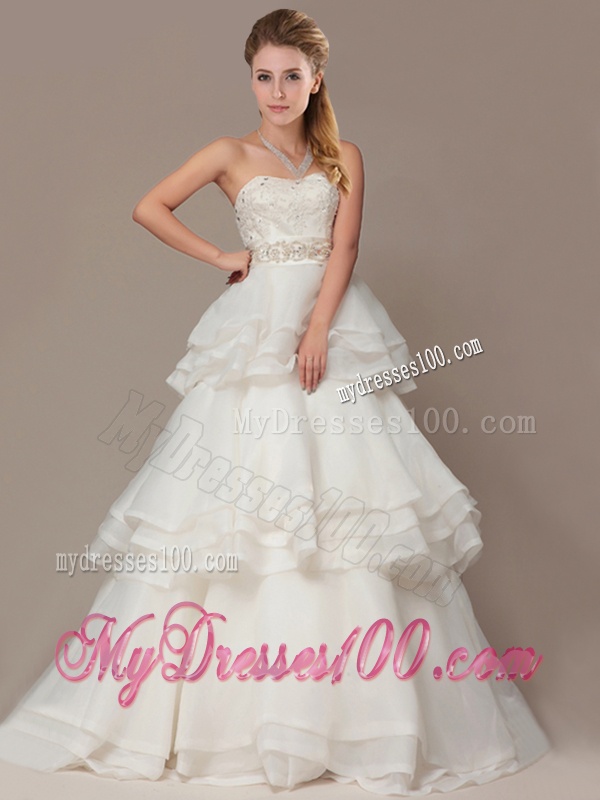 Lovely A-line Brush Train Wedding Dresses with Beading and Ruffles Layers