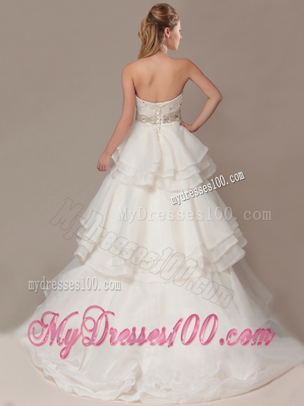 Lovely A-line Brush Train Wedding Dresses with Beading and Ruffles Layers