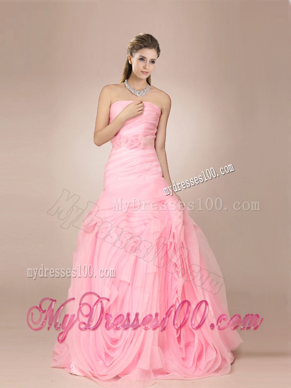 Lovely Mermaid Baby Pink Wedding Dresses with Ribbons and Rolling Flower