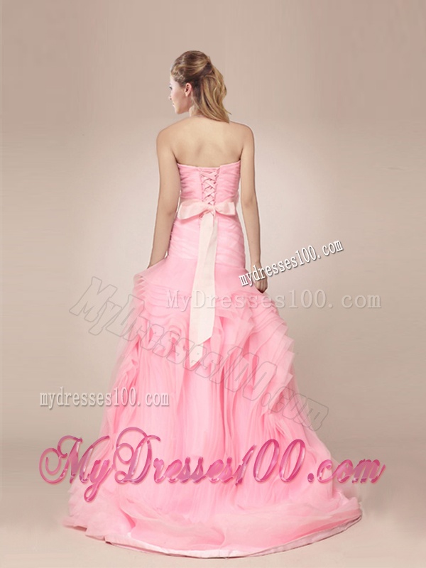 Lovely Mermaid Baby Pink Wedding Dresses with Ribbons and Rolling Flower