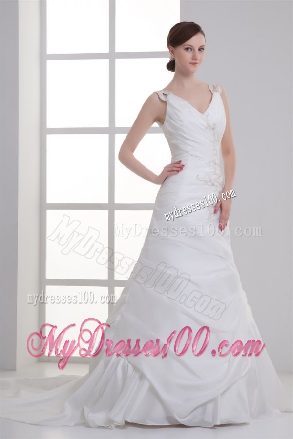 Luxurious Mermaid V-Neck Court Train Taffeta Embroidery Zipper Up Wedding Dress
