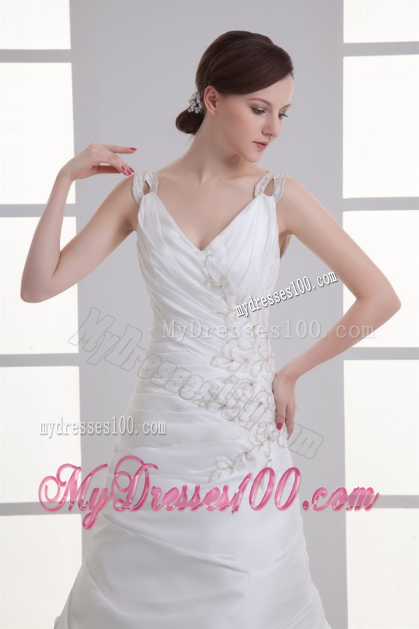 Luxurious Mermaid V-Neck Court Train Taffeta Embroidery Zipper Up Wedding Dress
