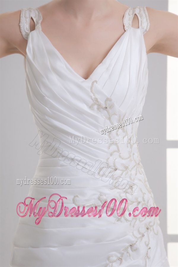 Luxurious Mermaid V-Neck Court Train Taffeta Embroidery Zipper Up Wedding Dress