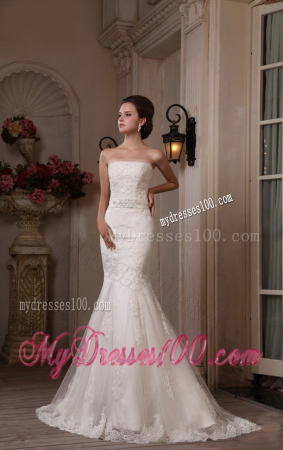 Mermaid Lace Strapless Brush Train Appliques Wedding Dress