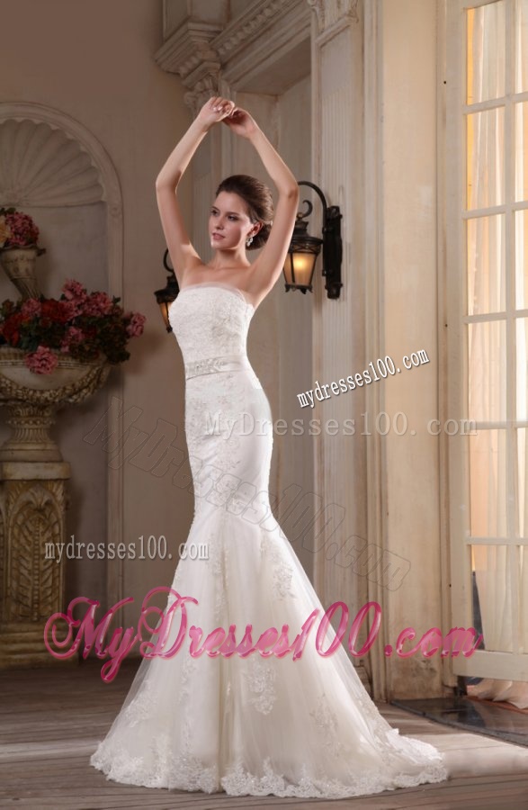 Mermaid Lace Strapless Brush Train Appliques Wedding Dress