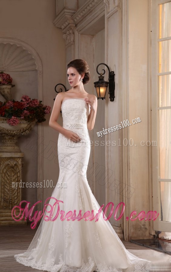 Mermaid Lace Strapless Brush Train Appliques Wedding Dress