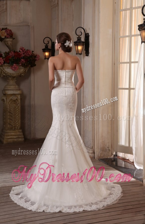 Mermaid Lace Strapless Brush Train Appliques Wedding Dress
